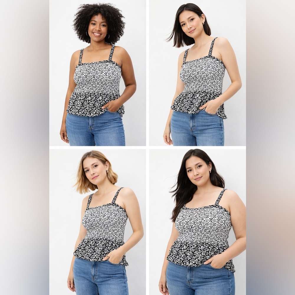 LOFT Floral Cami Top Black White Ruched Smocked Tank Summer Top